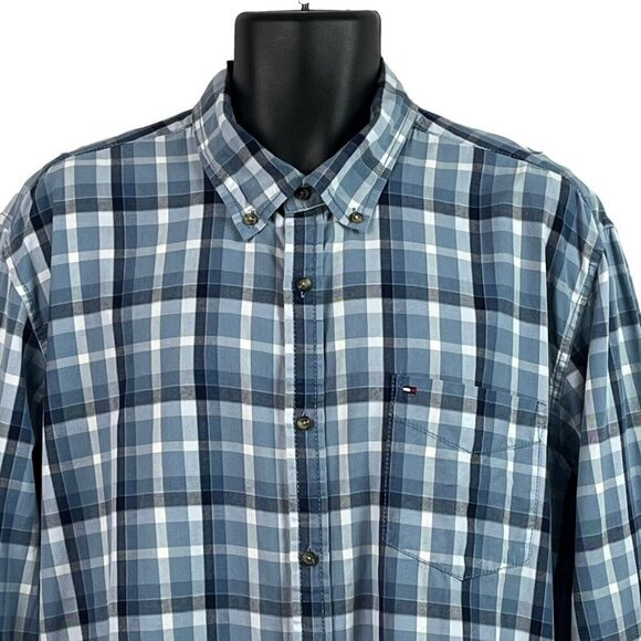 Tommy Hilfiger Mens Custom Fit Shirt Blue Plaid Long Sleeve Casual XL - Picture 3 of 10